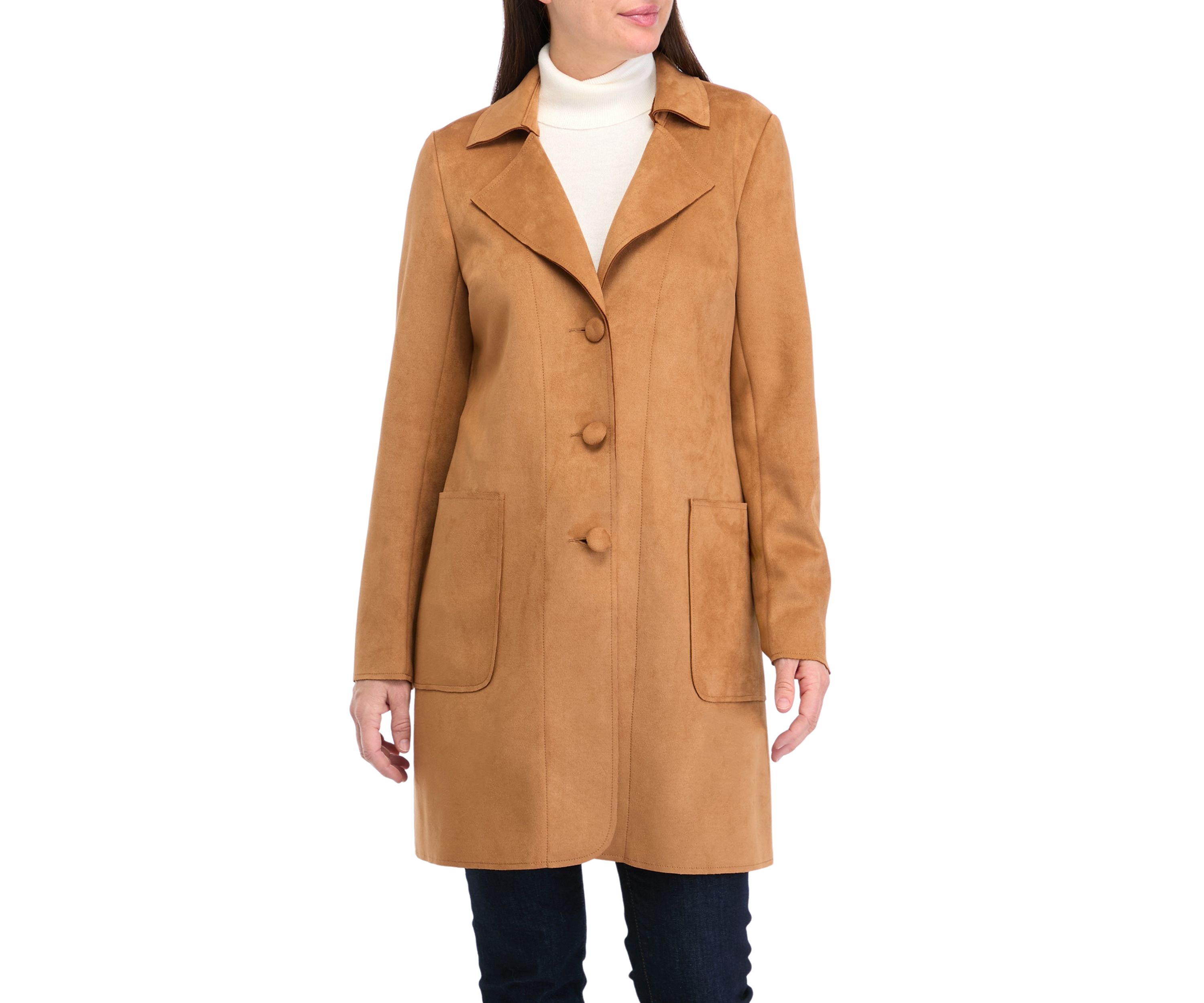 Womens Faux Suede Long Button Front Jacket 