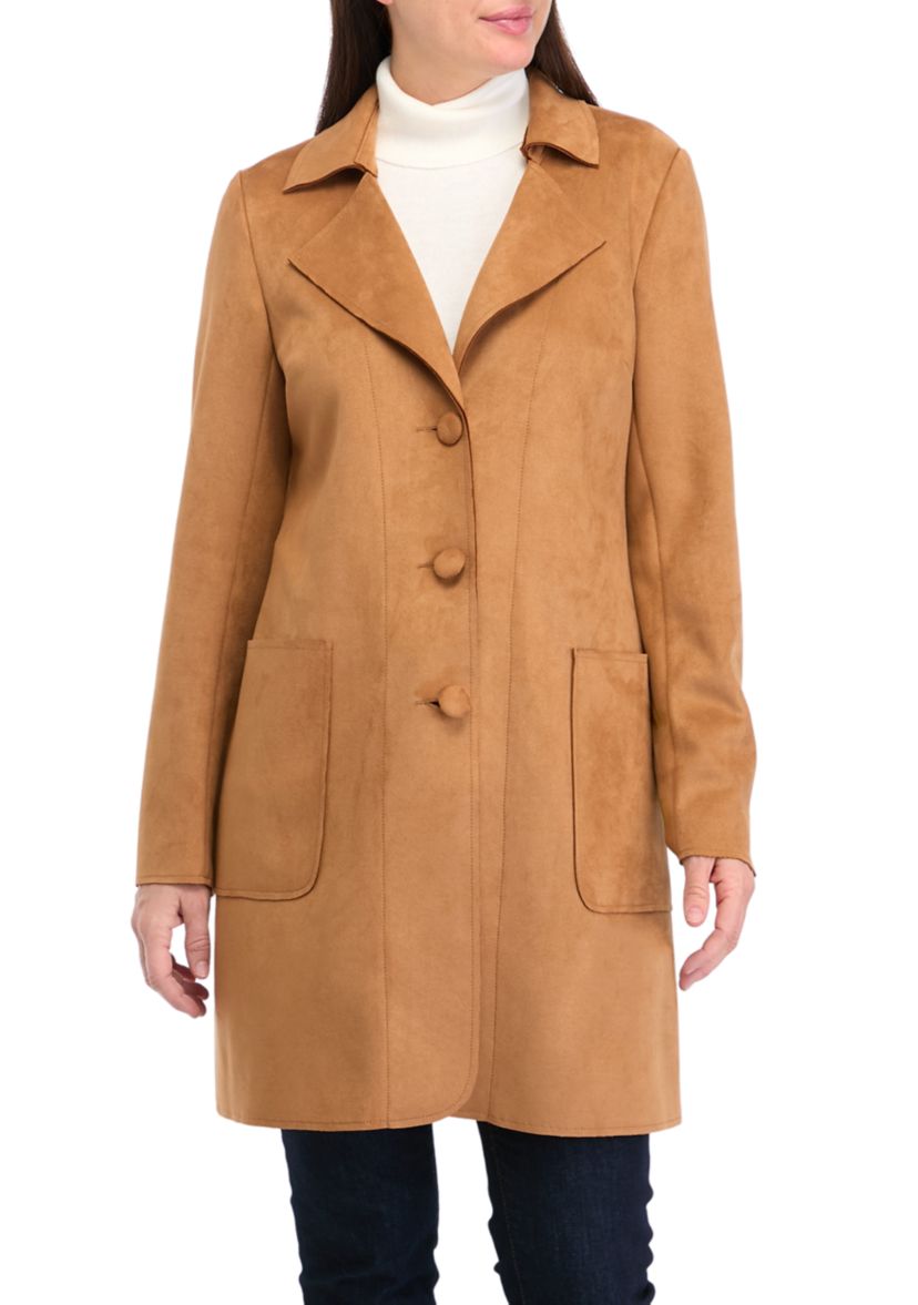 Womens Faux Suede Long Button Front Jacket 
