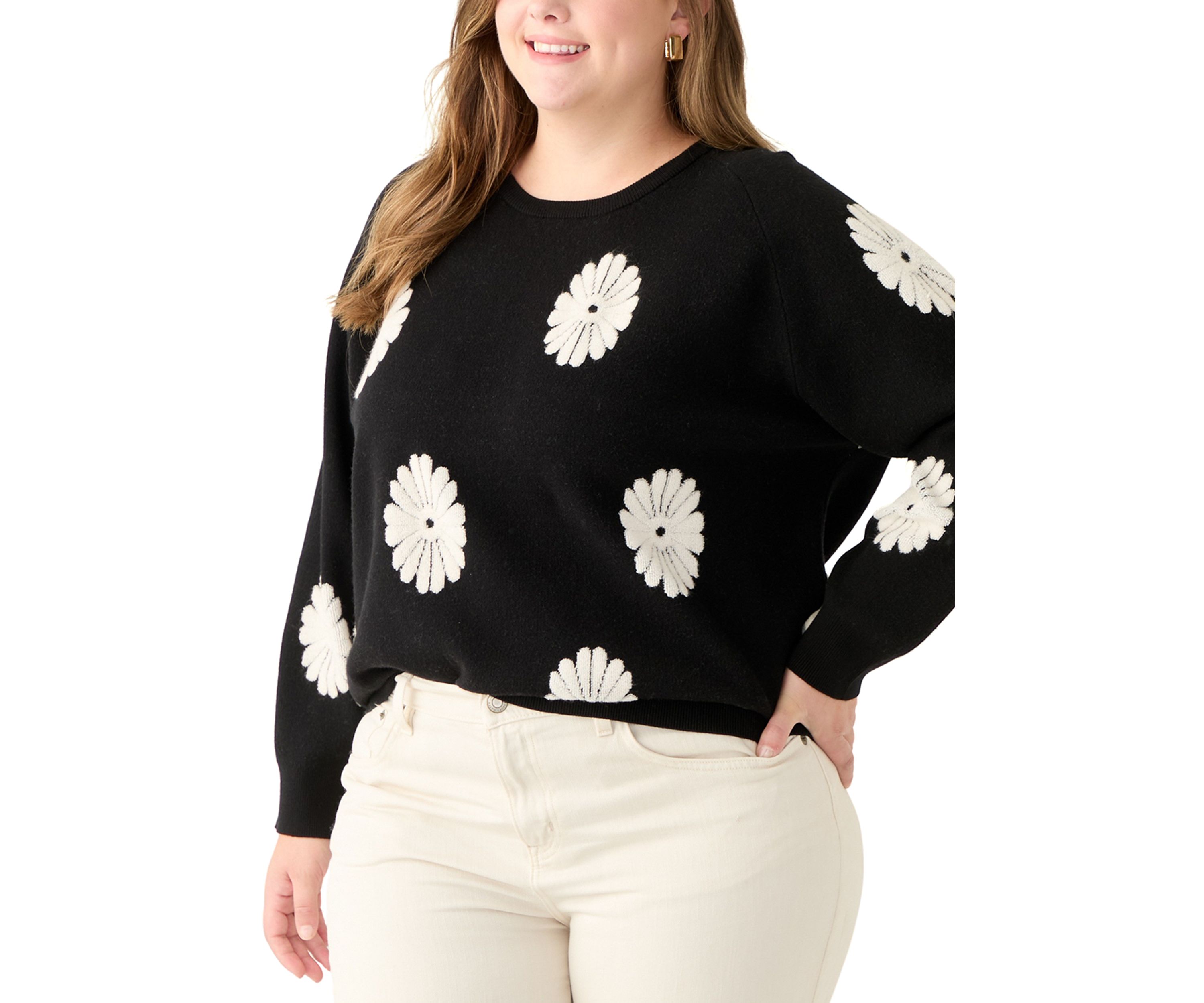 Plus Size Long Sleeve Floral Crew Sweater 