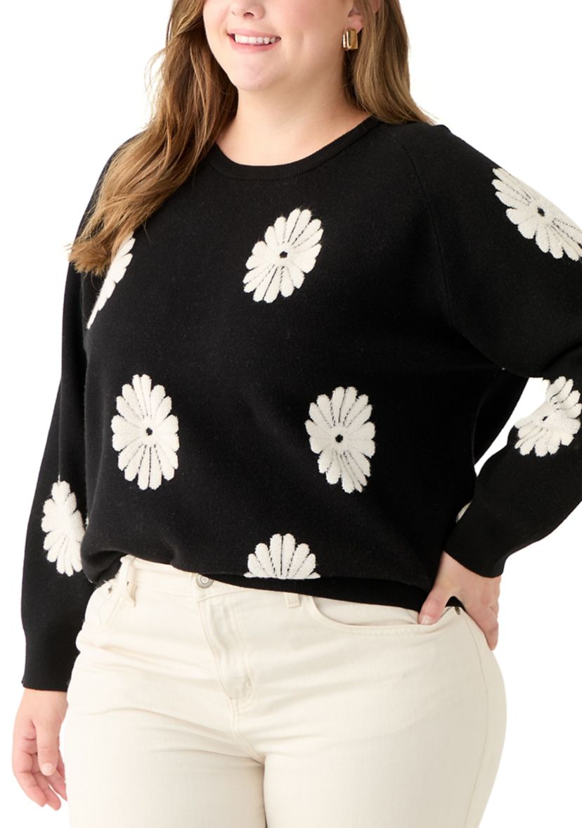 Plus Size Long Sleeve Floral Crew Sweater 