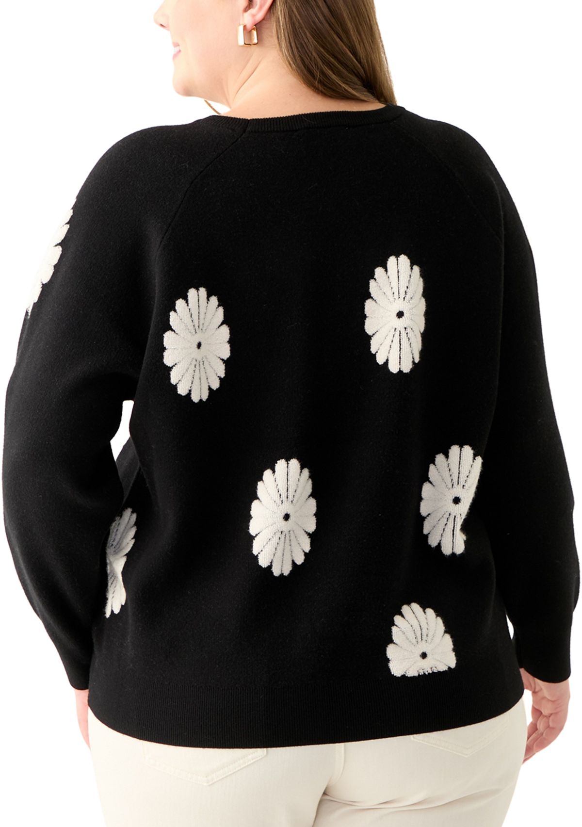 Plus Size Long Sleeve Floral Crew Sweater 