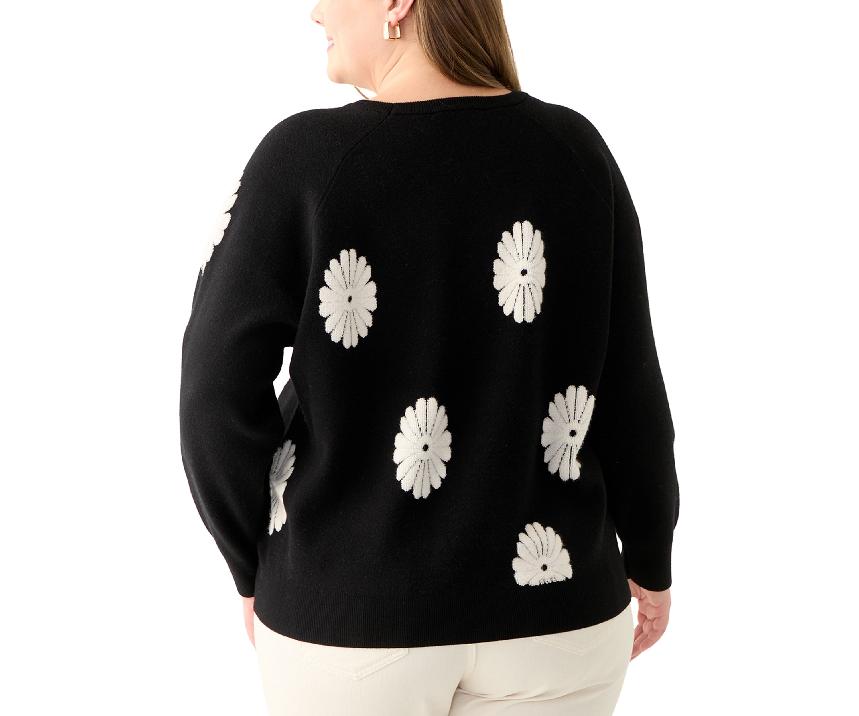 Plus Size Long Sleeve Floral Crew Sweater 
