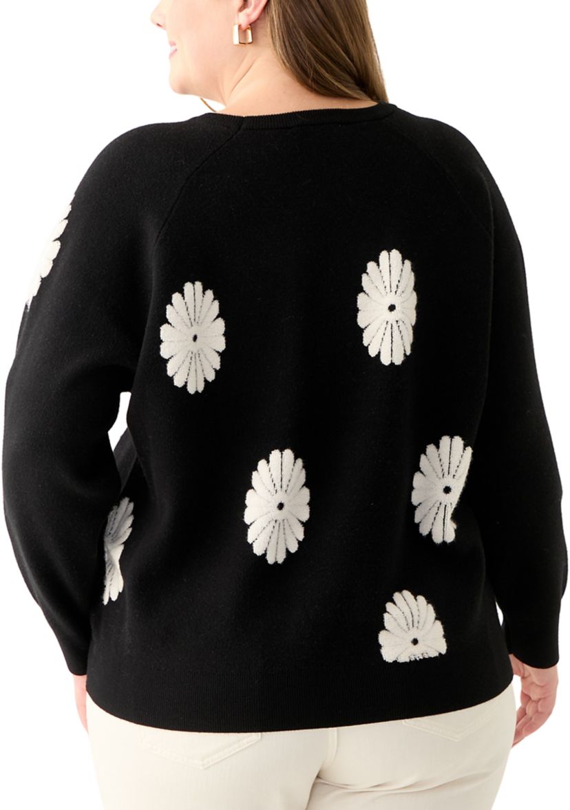Plus Size Long Sleeve Floral Crew Sweater 