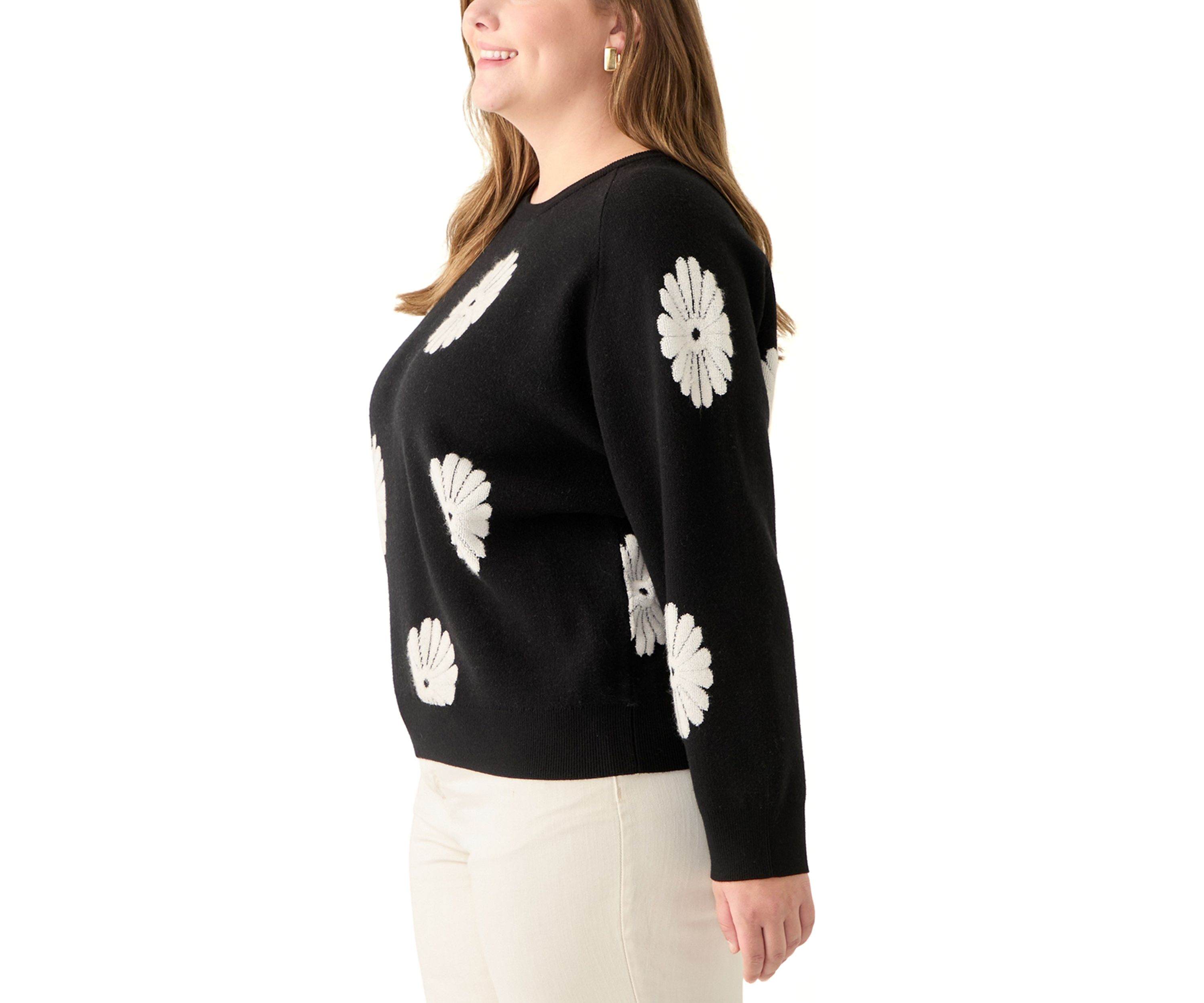 Plus Size Long Sleeve Floral Crew Sweater 
