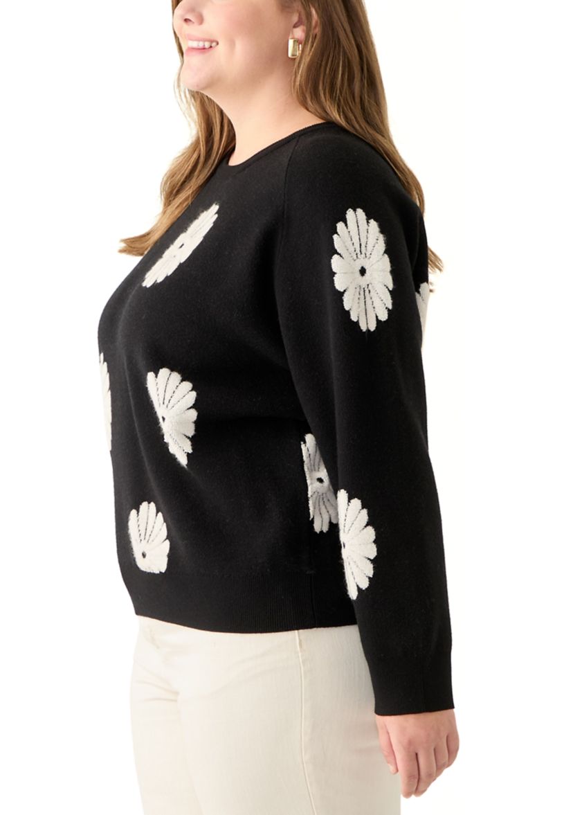 Plus Size Long Sleeve Floral Crew Sweater 