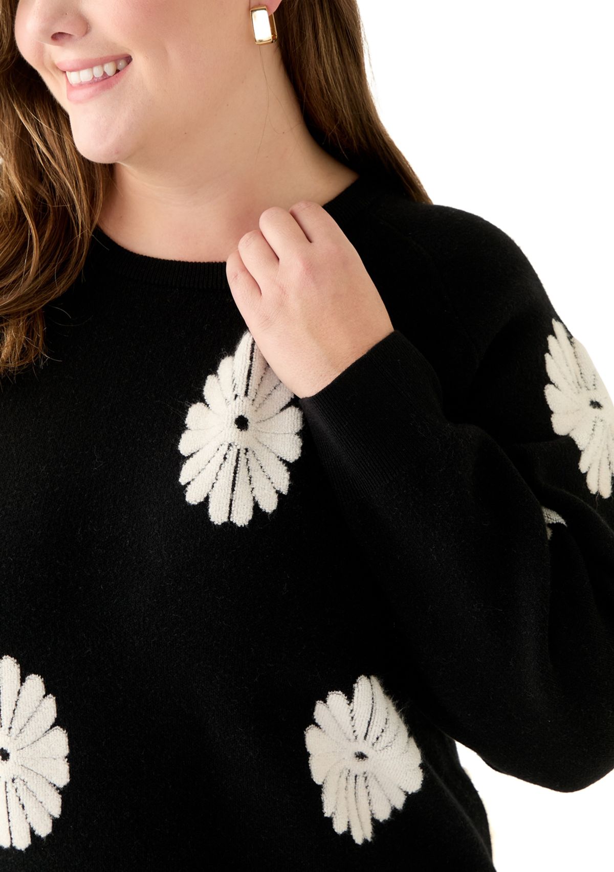 Plus Size Long Sleeve Floral Crew Sweater 