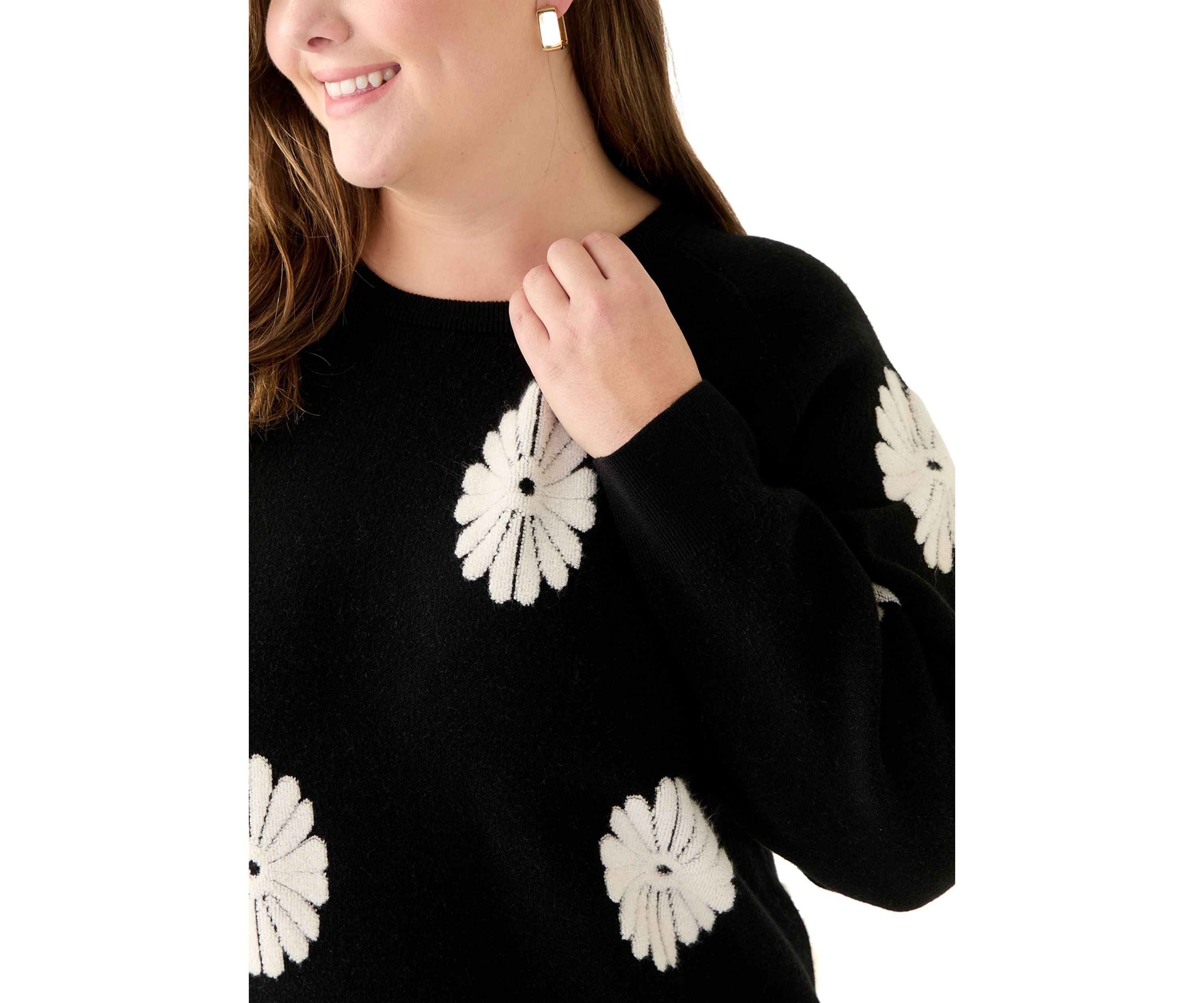 Plus Size Long Sleeve Floral Crew Sweater 