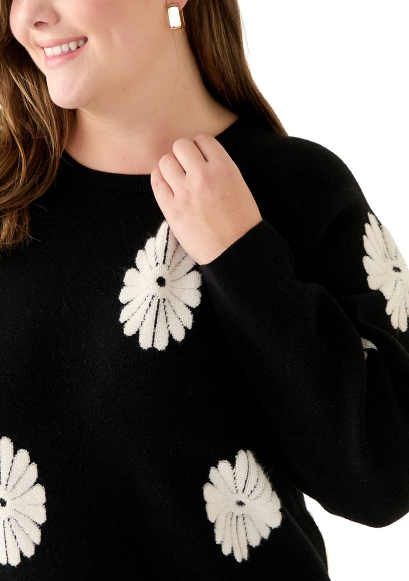 Plus Size Long Sleeve Floral Crew Sweater 