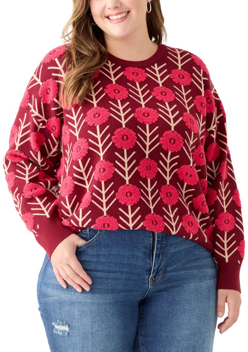 Plus Size Long Sleeve Floral Crew Sweater 