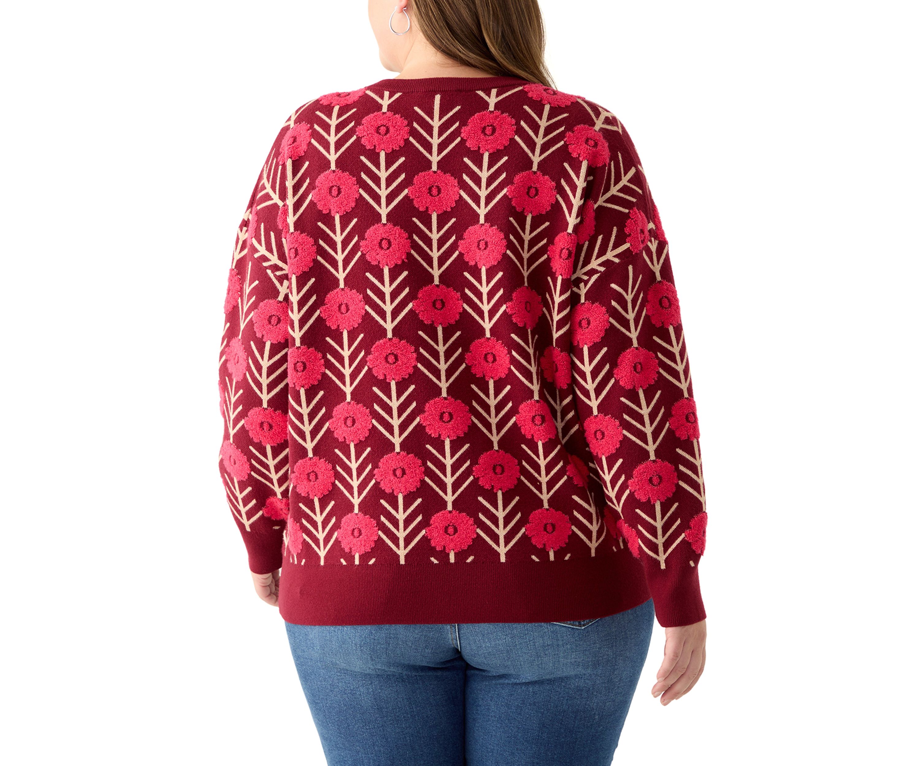 Plus Size Long Sleeve Floral Crew Sweater 