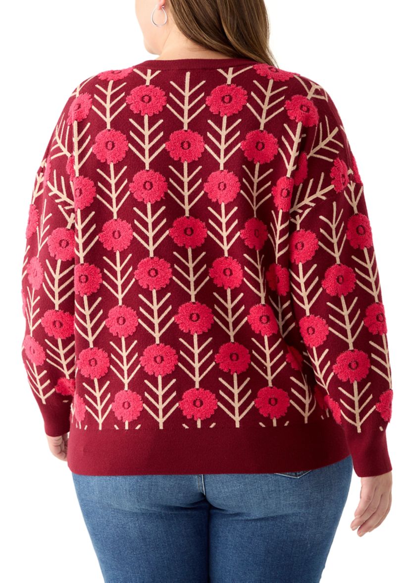 Plus Size Long Sleeve Floral Crew Sweater 