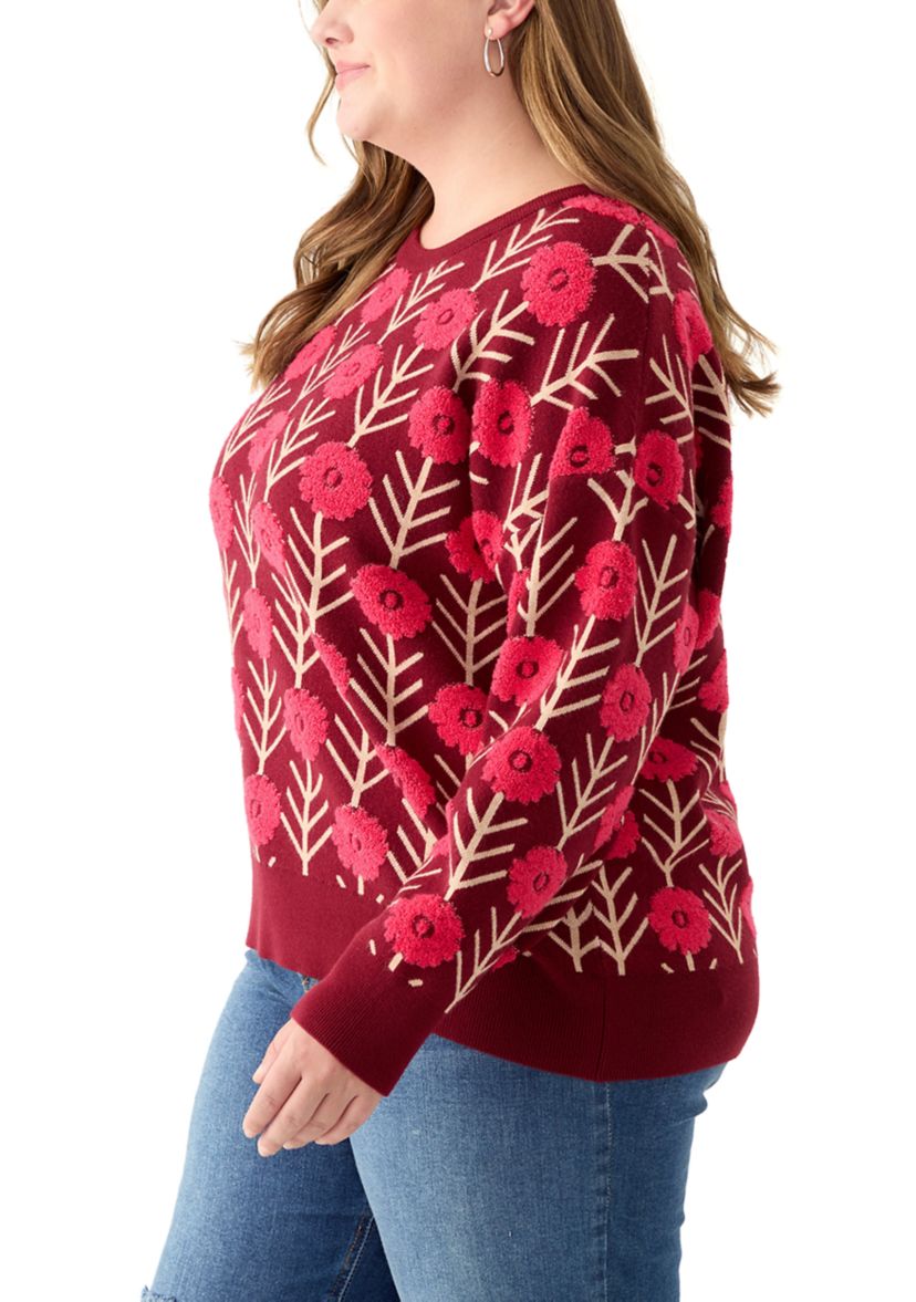 Plus Size Long Sleeve Floral Crew Sweater 