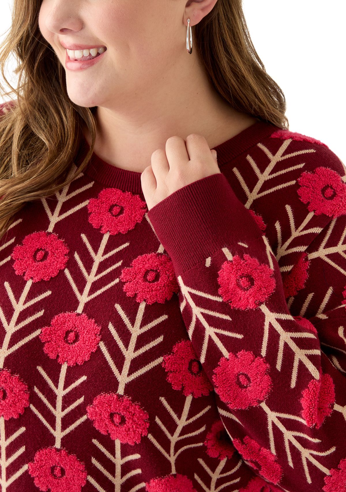Plus Size Long Sleeve Floral Crew Sweater 