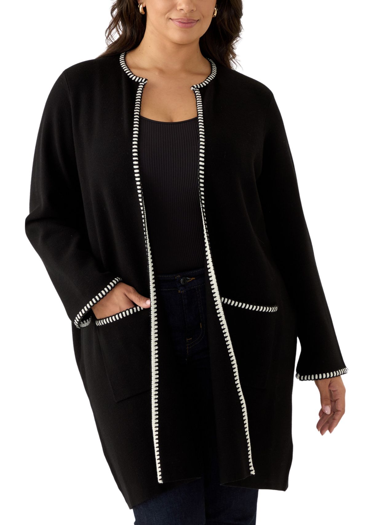 Plus Size Whipstitch Detail Open Cardigan 