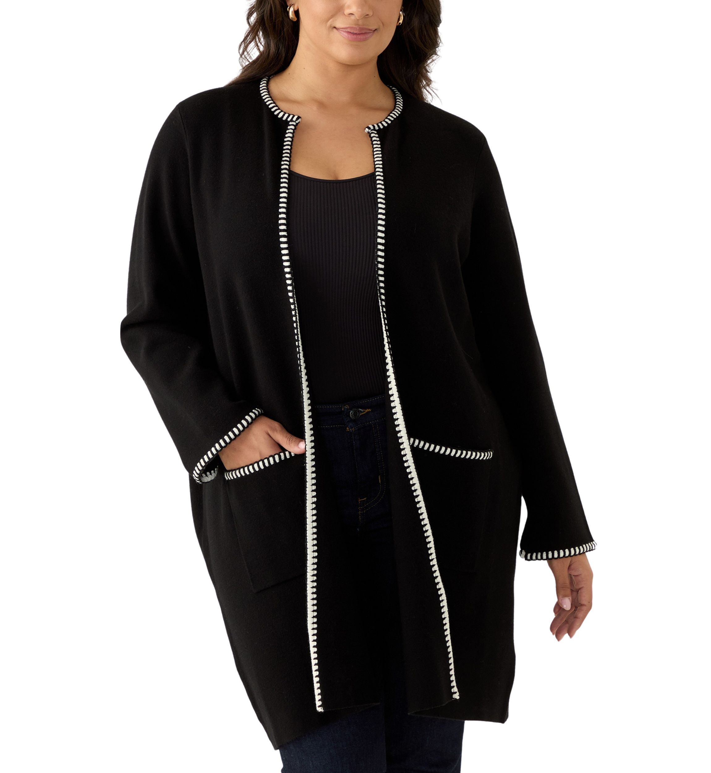 Plus Size Whipstitch Detail Open Cardigan 