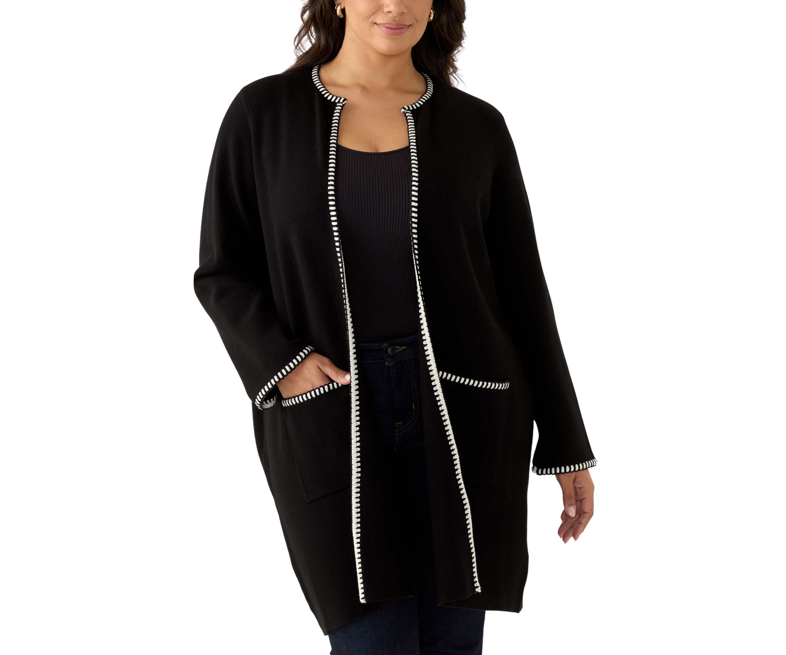 Plus Size Whipstitch Detail Open Cardigan 