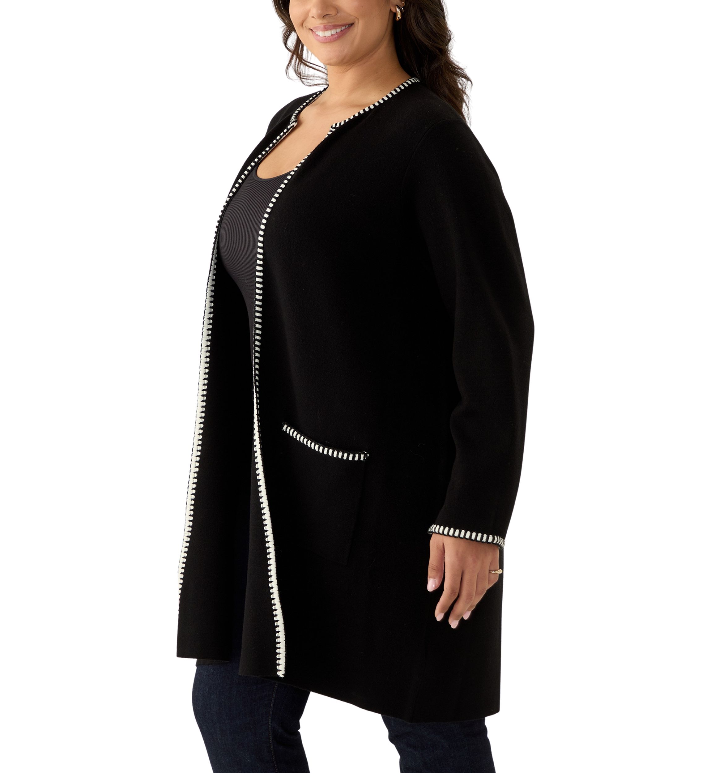 Plus Size Whipstitch Detail Open Cardigan 