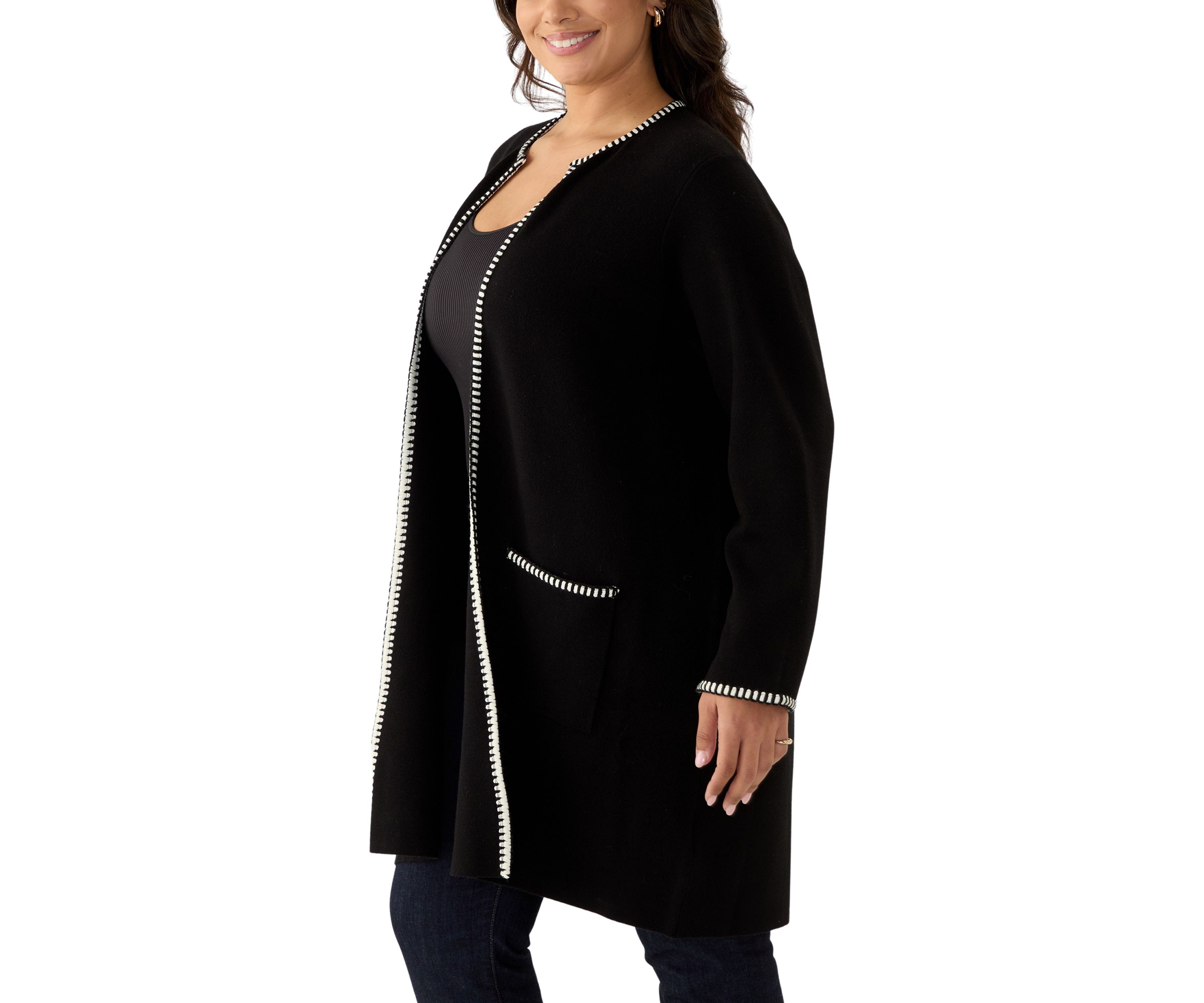 Plus Size Whipstitch Detail Open Cardigan 