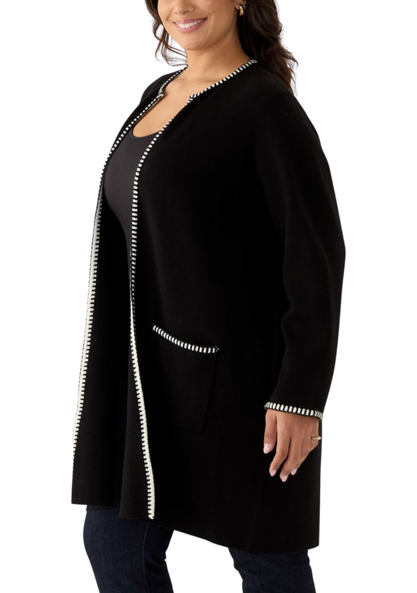 Plus Size Whipstitch Detail Open Cardigan 