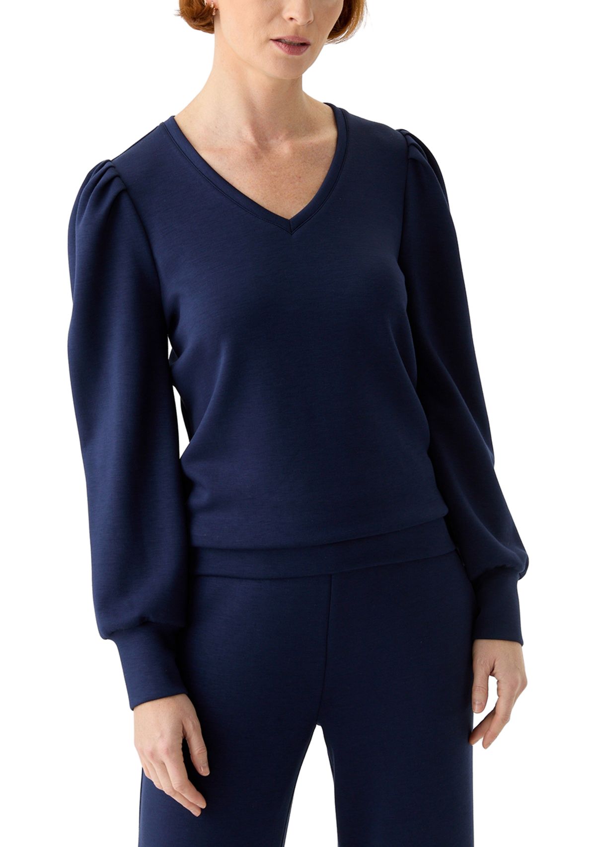 Womens Long Sleeve Scuba V-Neck Puff Shoulder Top