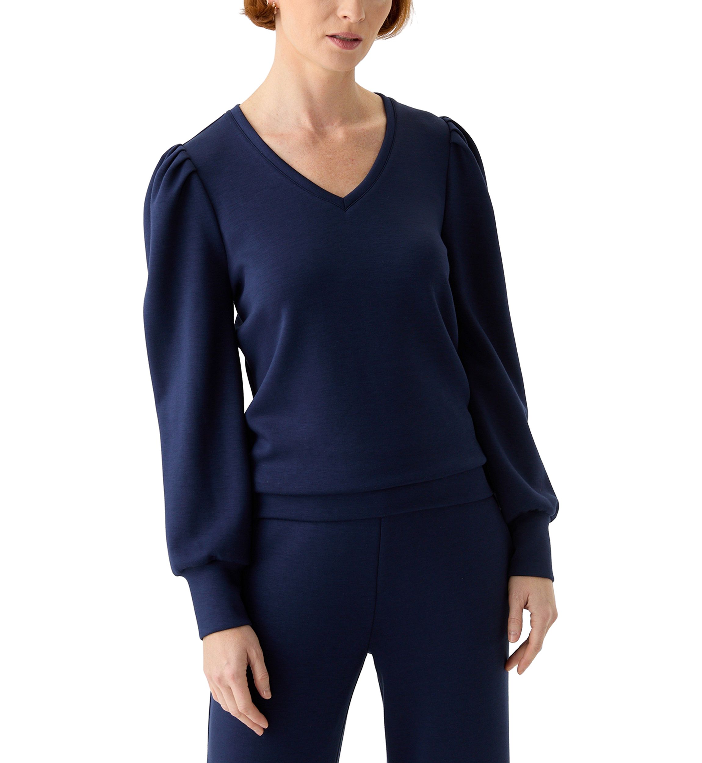 Womens Long Sleeve Scuba V-Neck Puff Shoulder Top