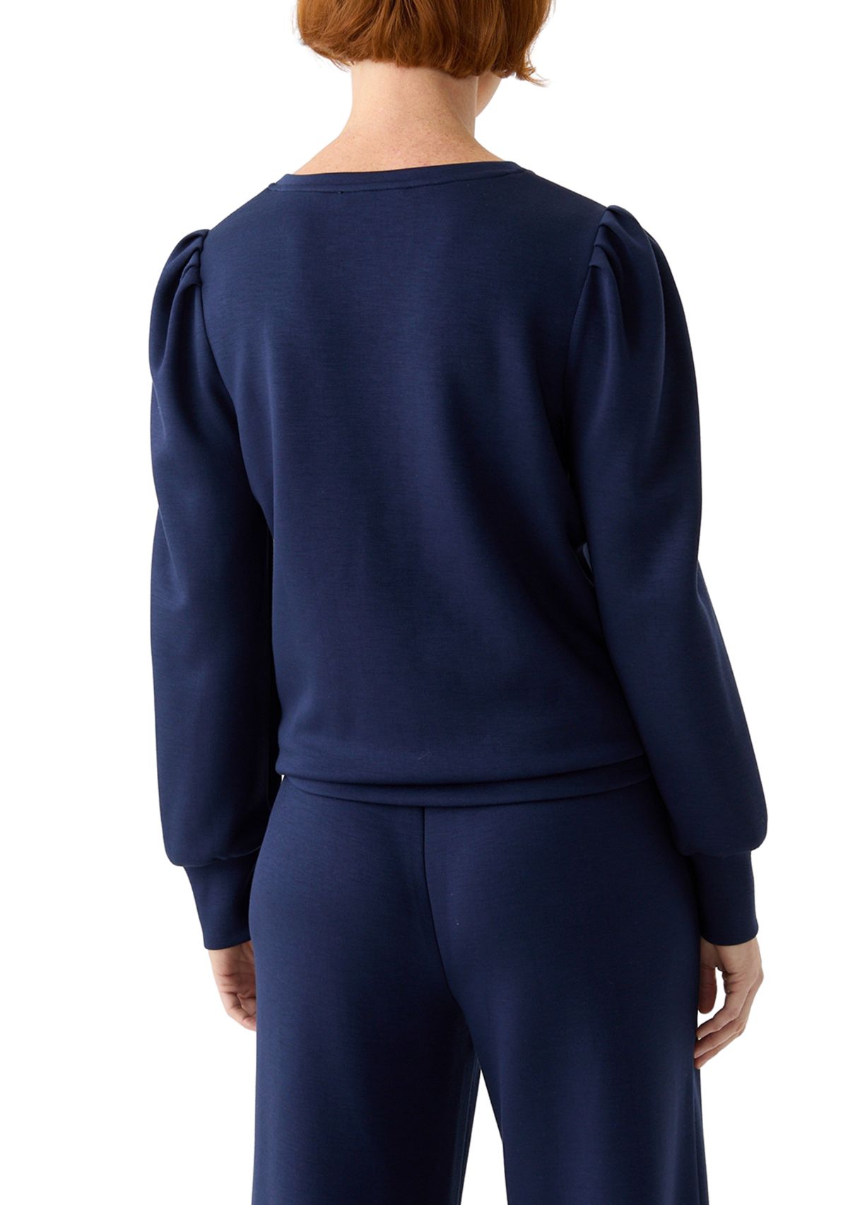 Womens Long Sleeve Scuba V-Neck Puff Shoulder Top