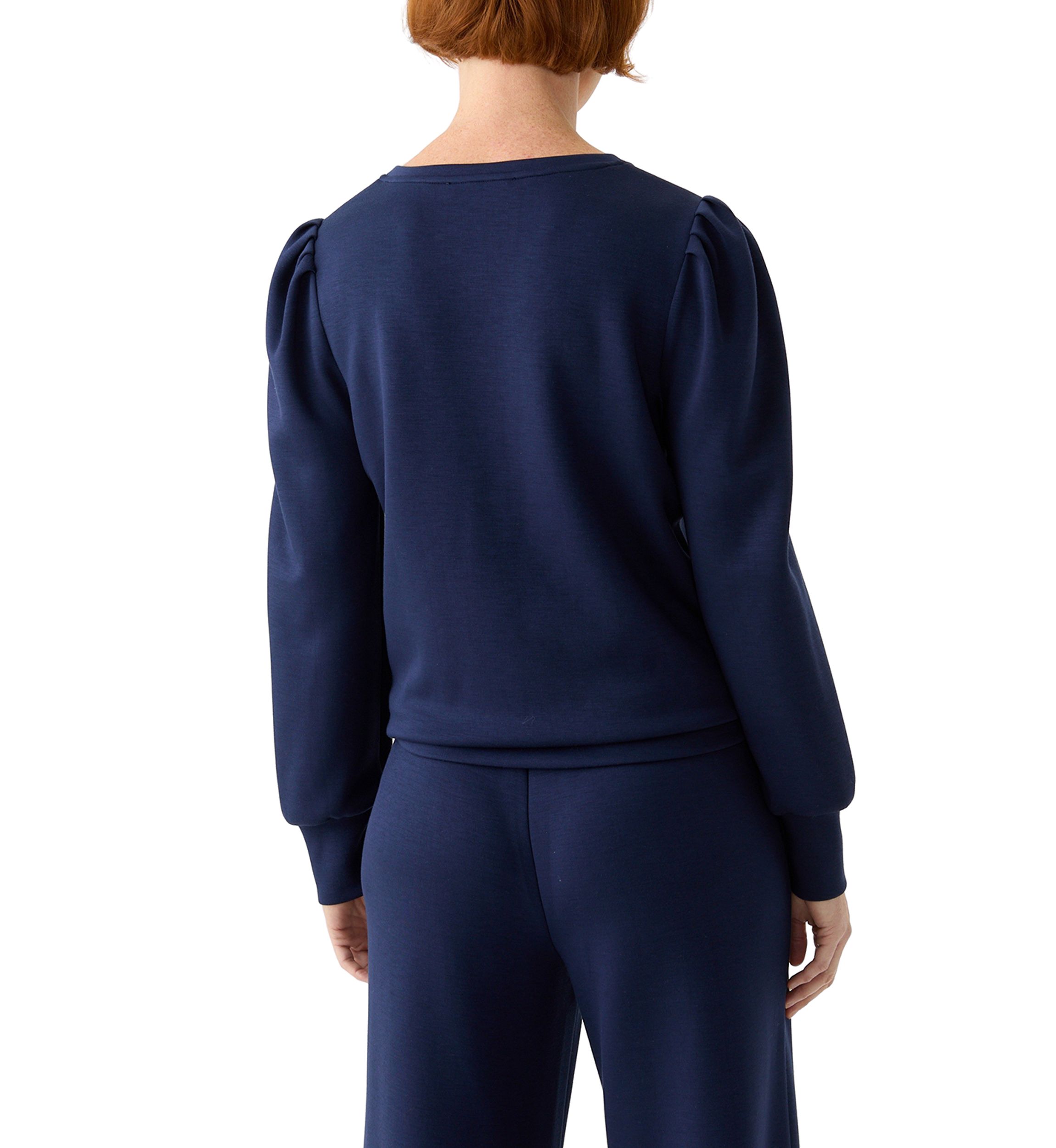 Womens Long Sleeve Scuba V-Neck Puff Shoulder Top