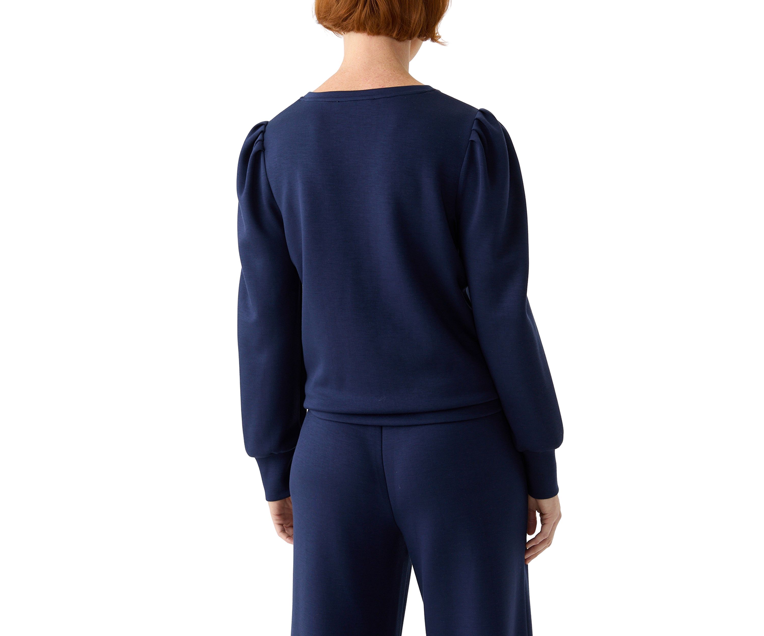 Womens Long Sleeve Scuba V-Neck Puff Shoulder Top