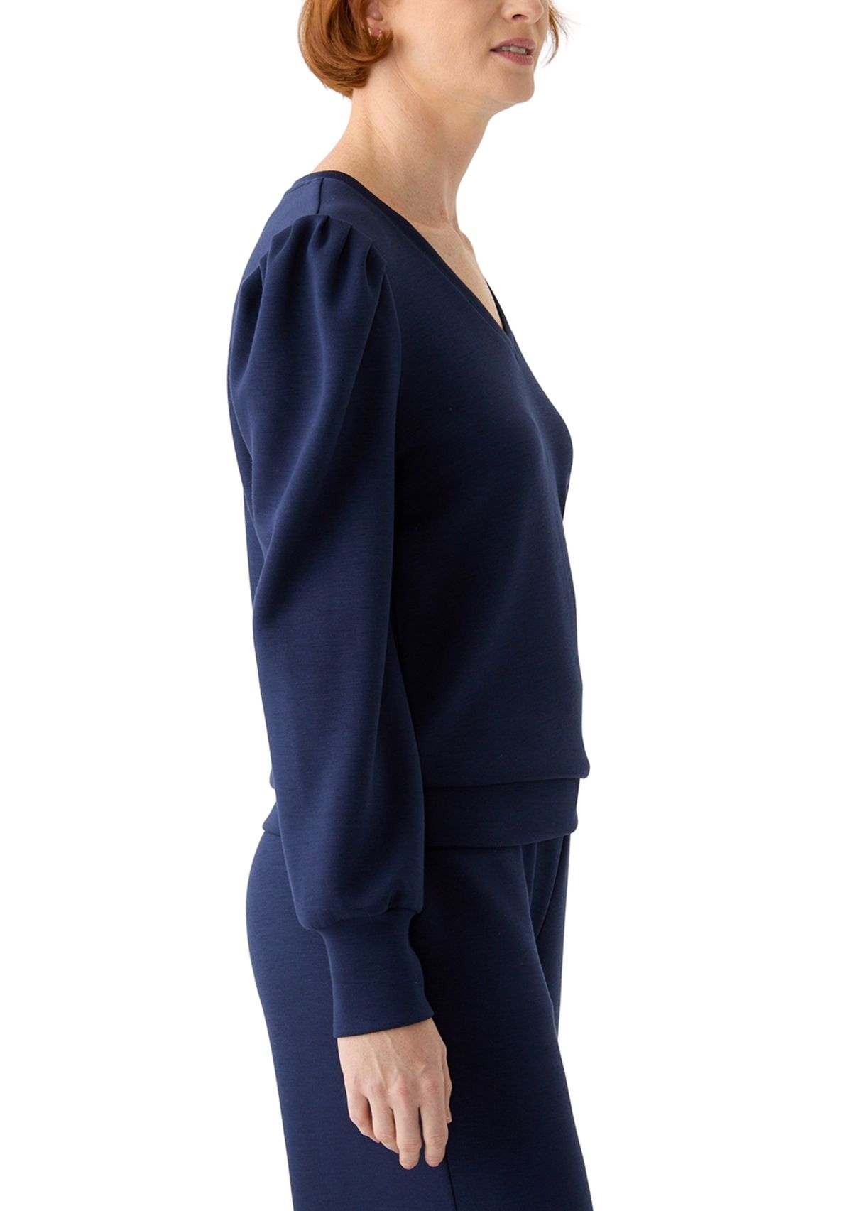 Womens Long Sleeve Scuba V-Neck Puff Shoulder Top