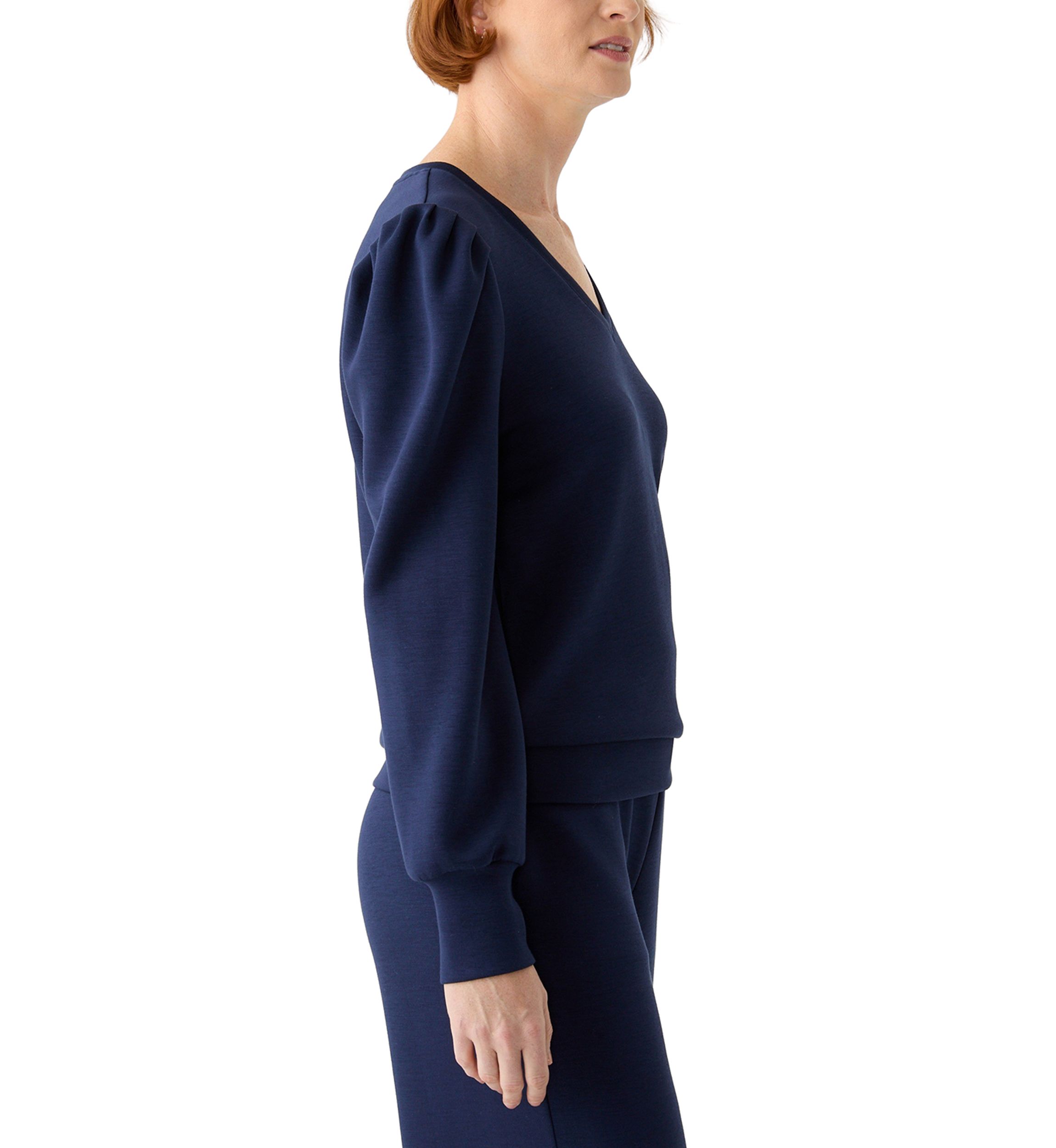 Womens Long Sleeve Scuba V-Neck Puff Shoulder Top