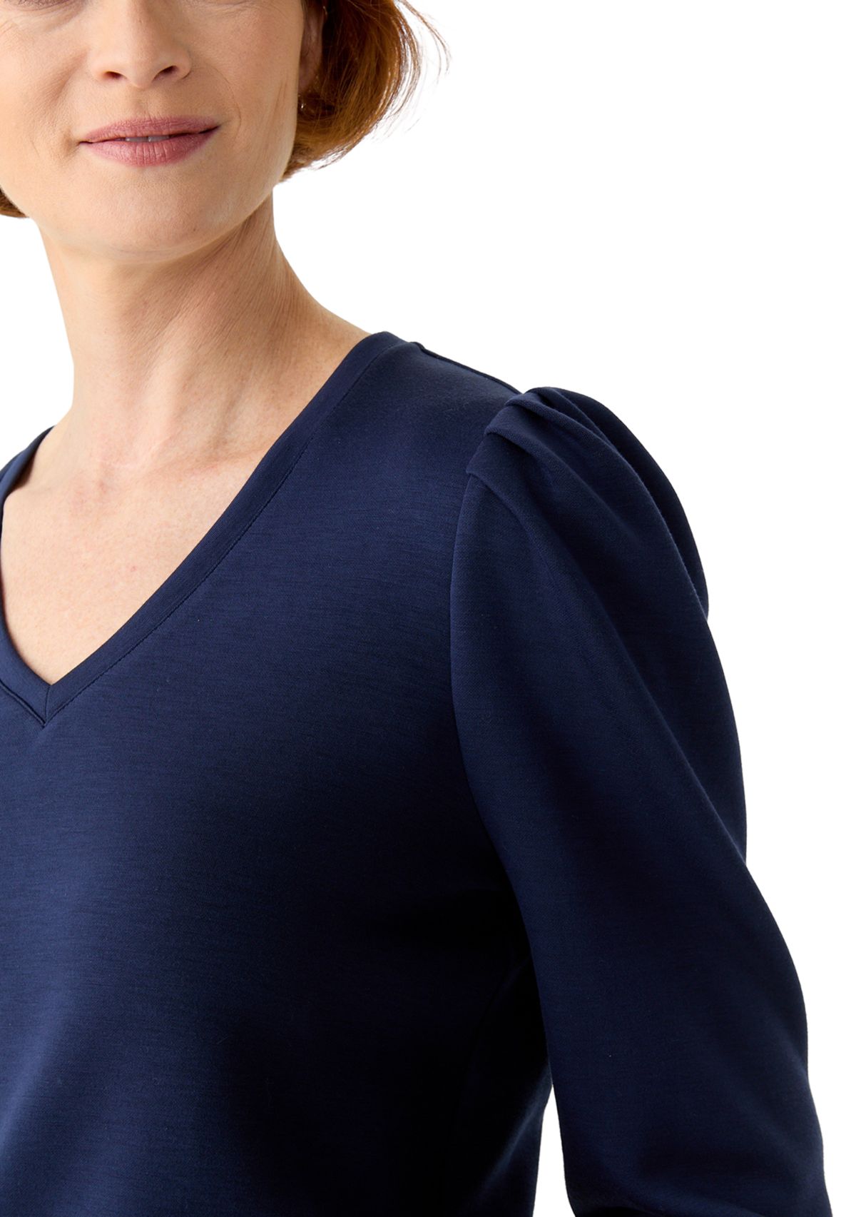 Womens Long Sleeve Scuba V-Neck Puff Shoulder Top