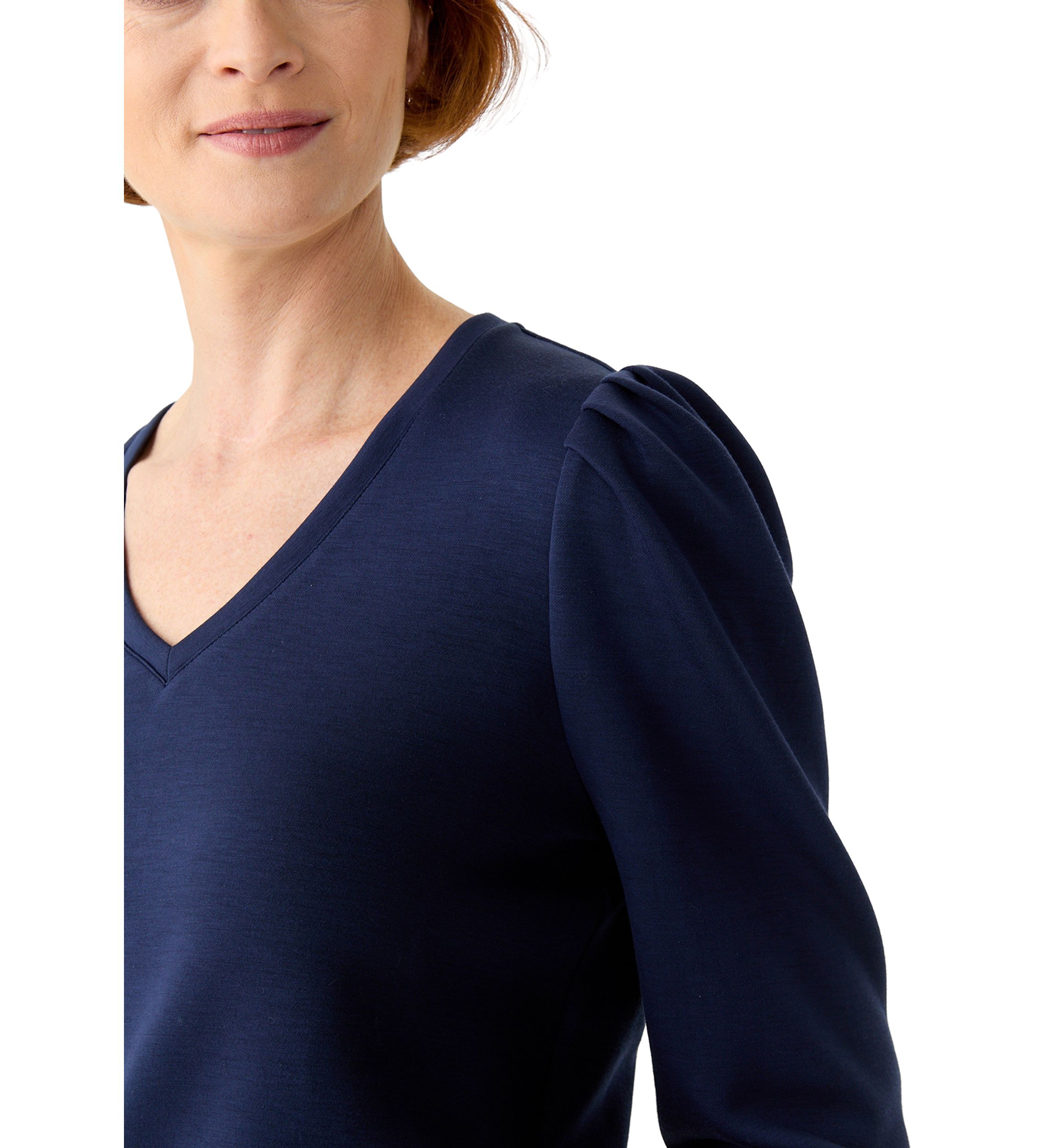 Womens Long Sleeve Scuba V-Neck Puff Shoulder Top