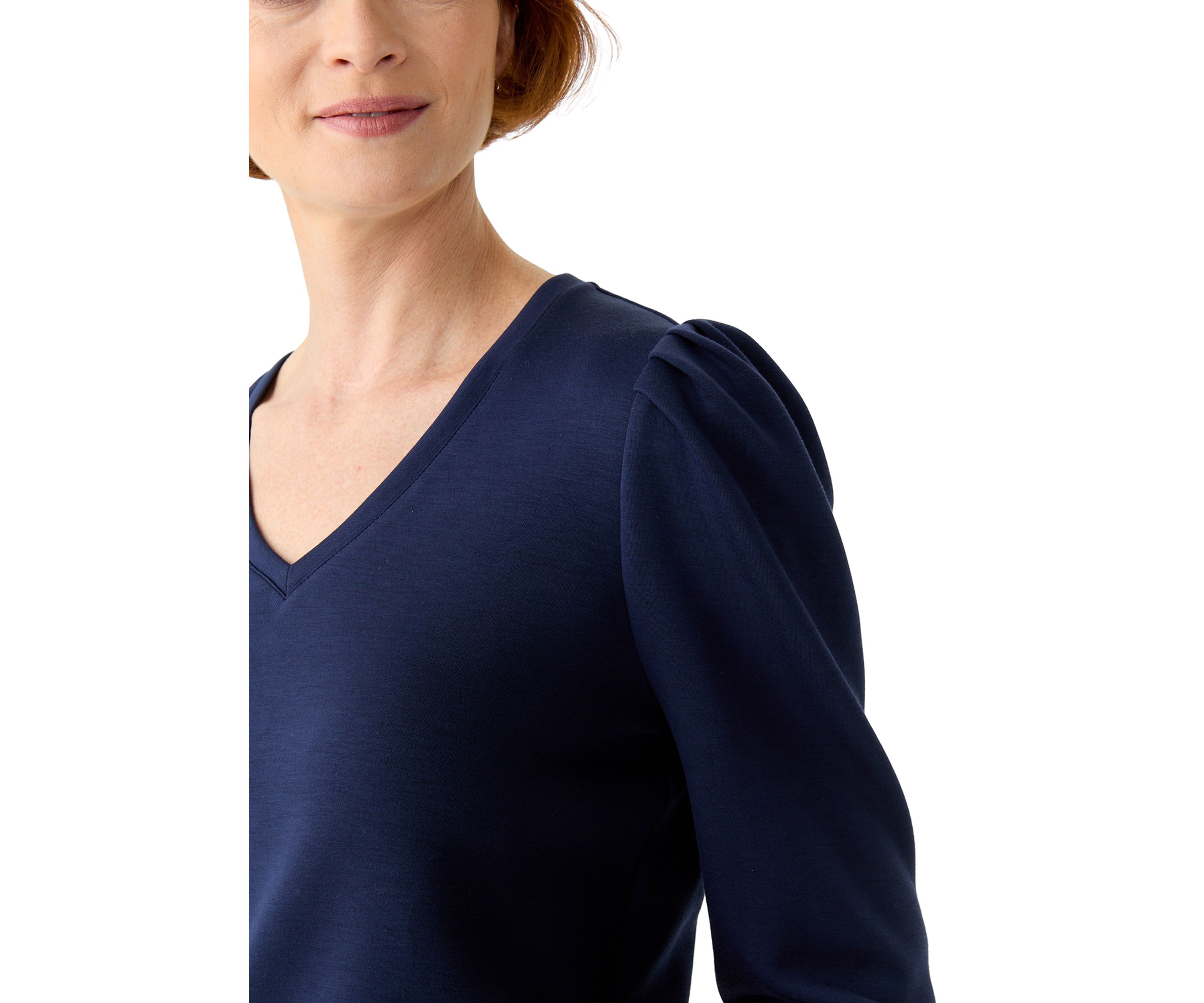 Womens Long Sleeve Scuba V-Neck Puff Shoulder Top