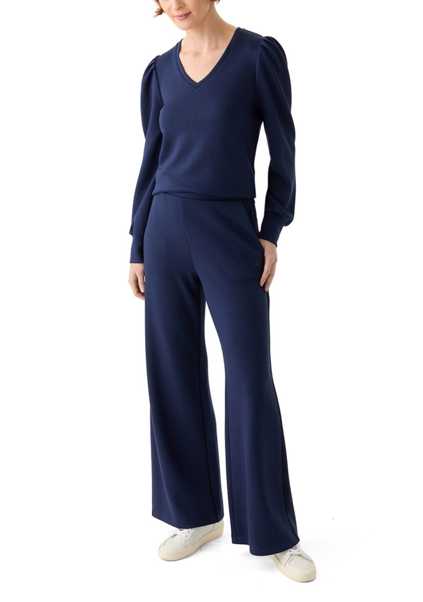 Womens Long Sleeve Scuba V-Neck Puff Shoulder Top