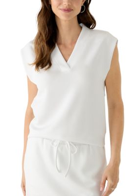 MUSE Republic Clothing Women's Sleeveless V-Neck Scuba Top, White, Small