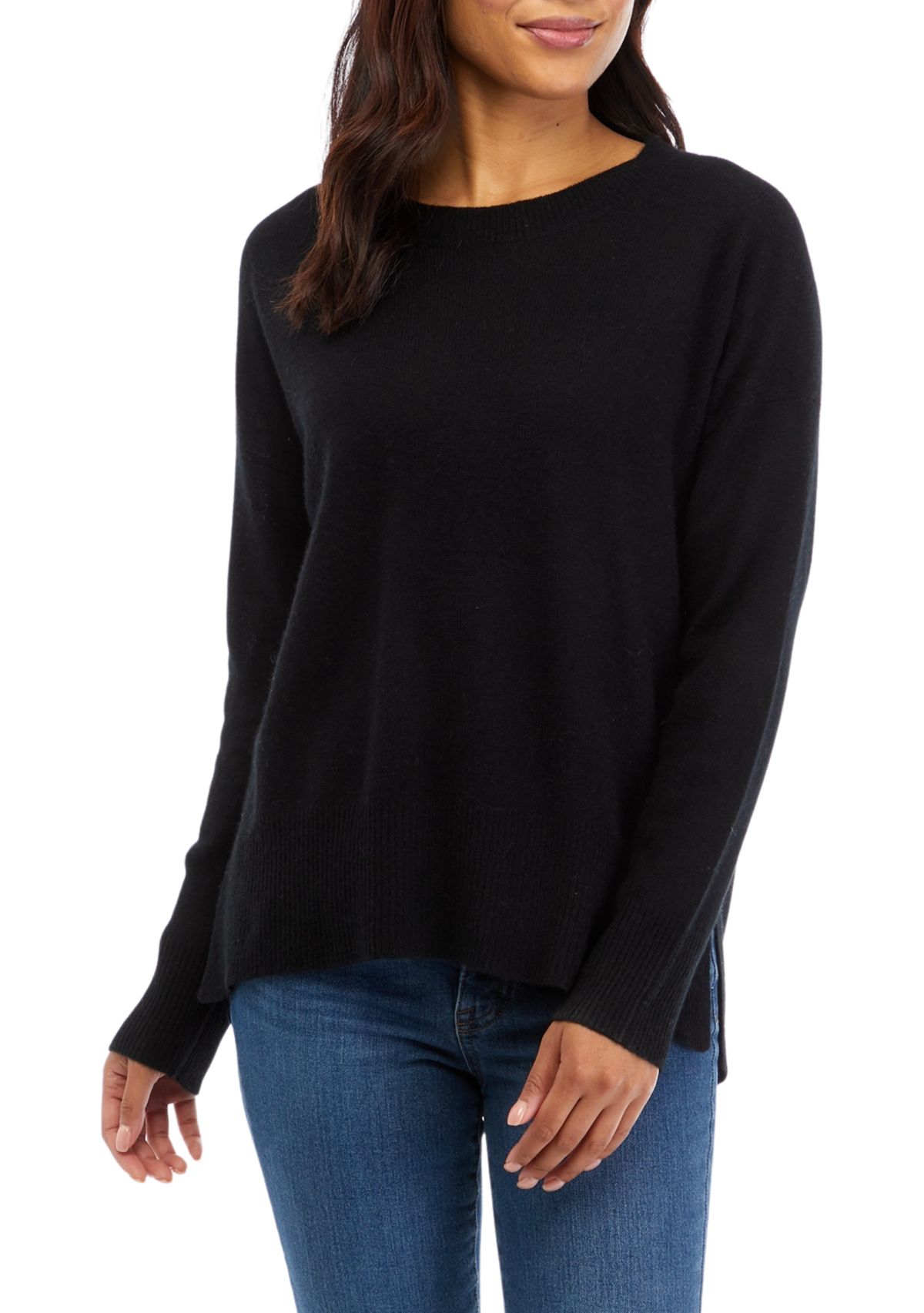 Womens Crew Neck Split Hem Cashmere Sweater
