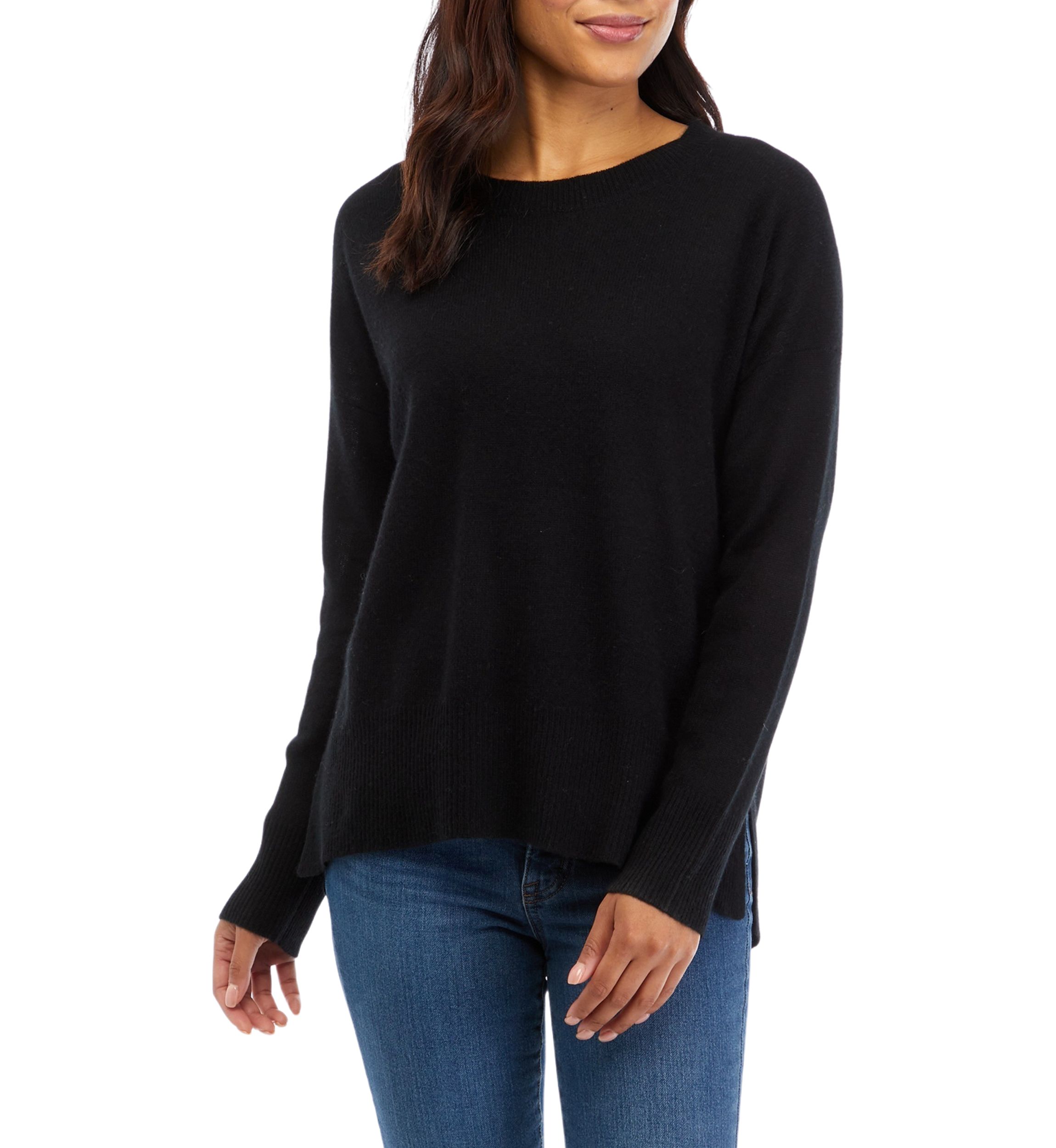 Womens Crew Neck Split Hem Cashmere Sweater