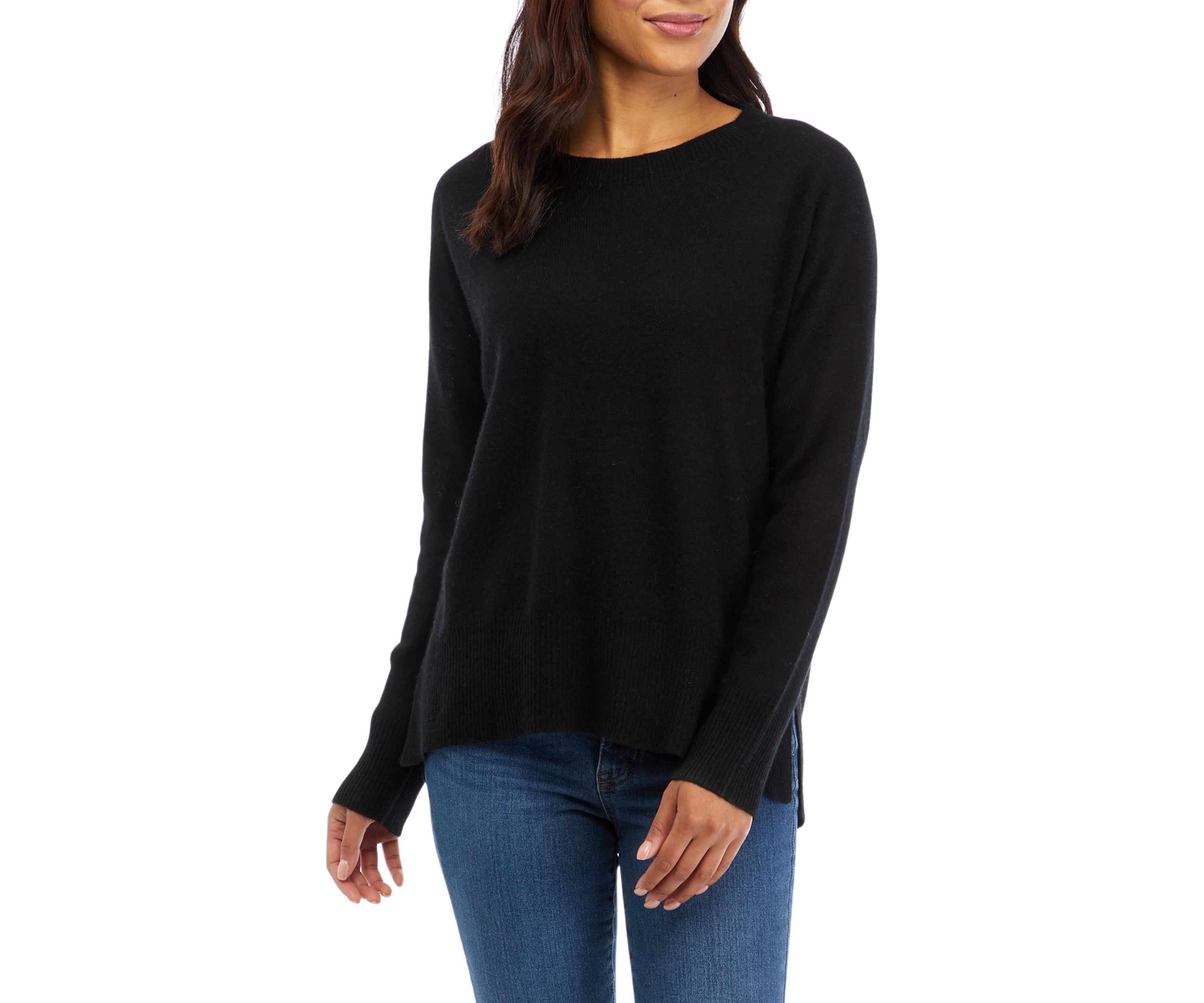 Womens Crew Neck Split Hem Cashmere Sweater