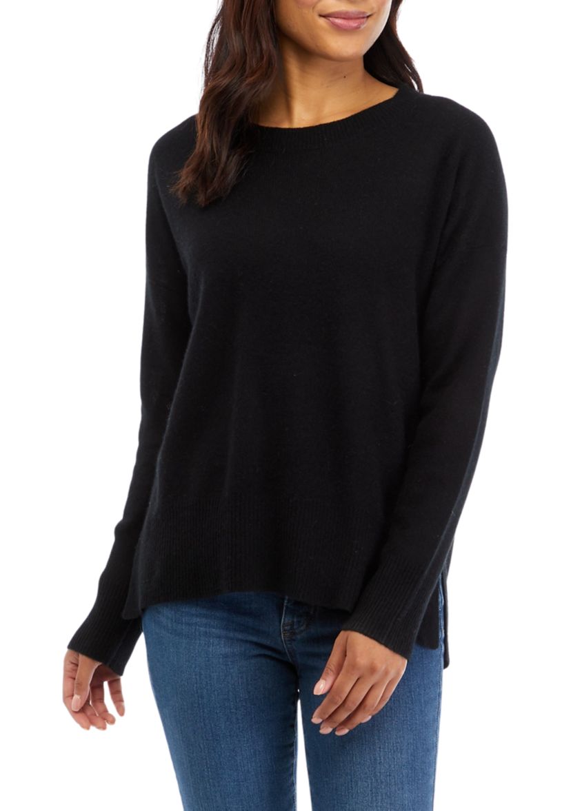 Womens Crew Neck Split Hem Cashmere Sweater