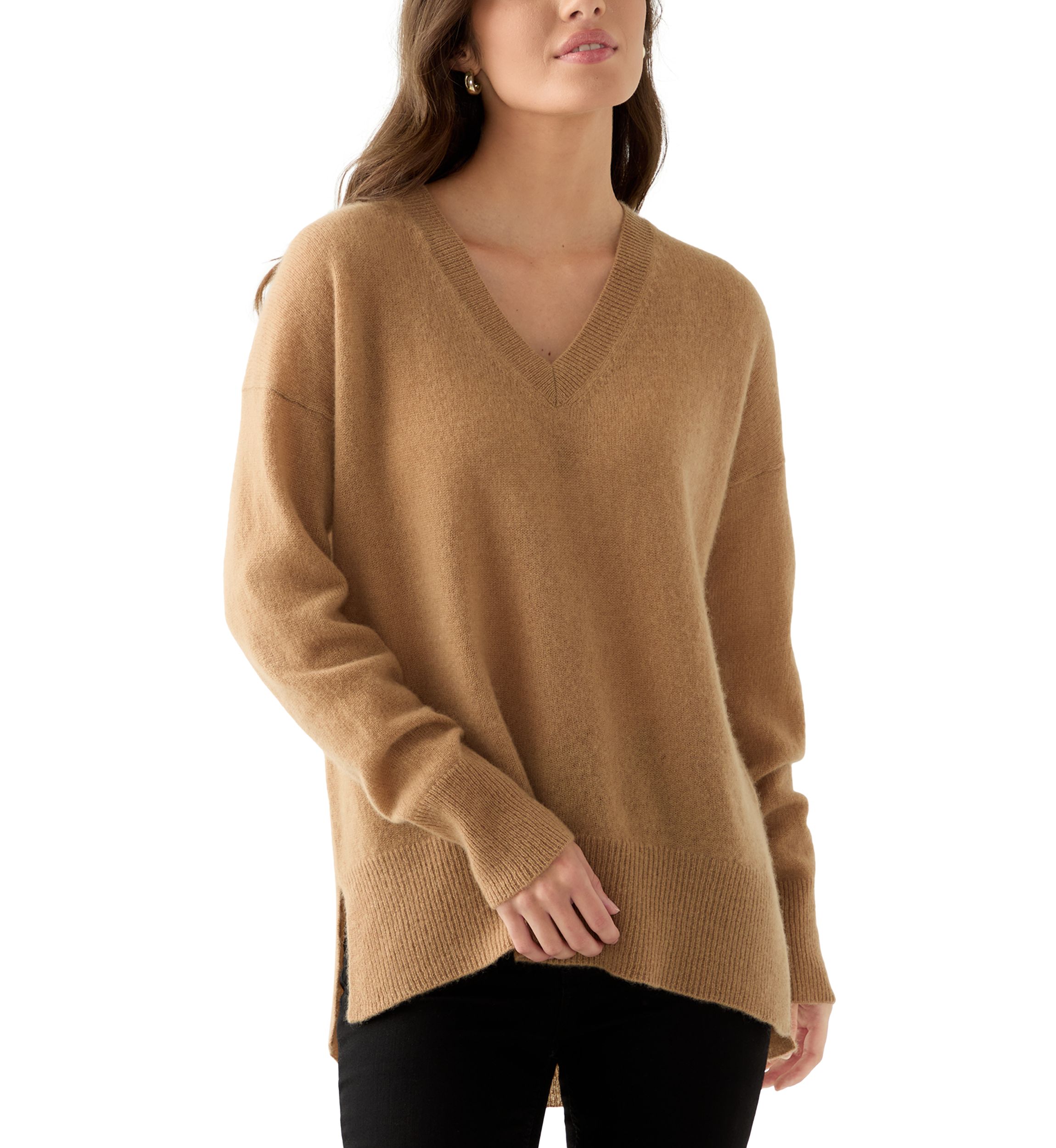Womens V-Neck Split Hem Cashmere Sweater