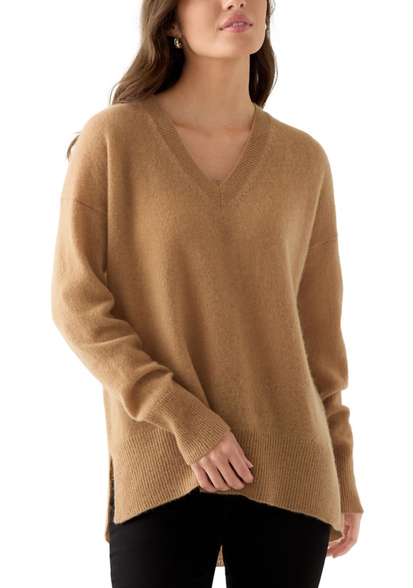 Womens V-Neck Split Hem Cashmere Sweater
