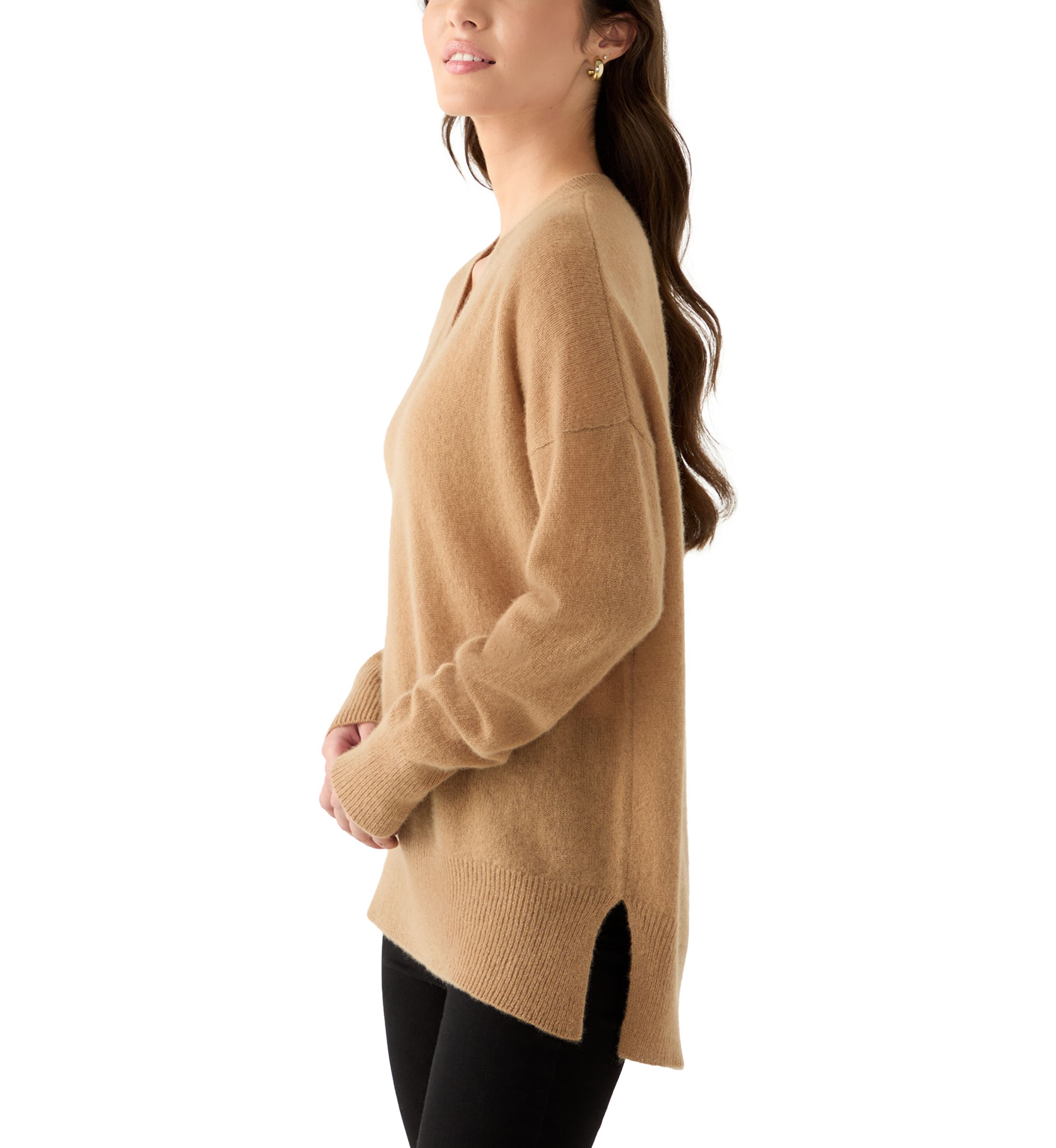 Womens V-Neck Split Hem Cashmere Sweater