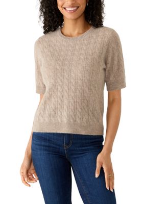 Magaschoni Women's Short Sleeve Cable Knit Cashmere Sweater, XL