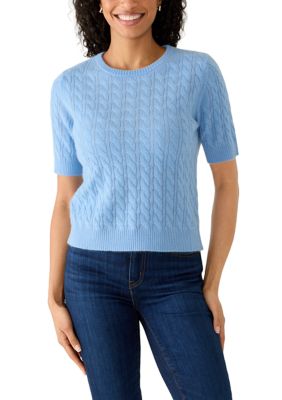 Magaschoni Women's Short Sleeve Cable Knit Cashmere Sweater, Blue, XL