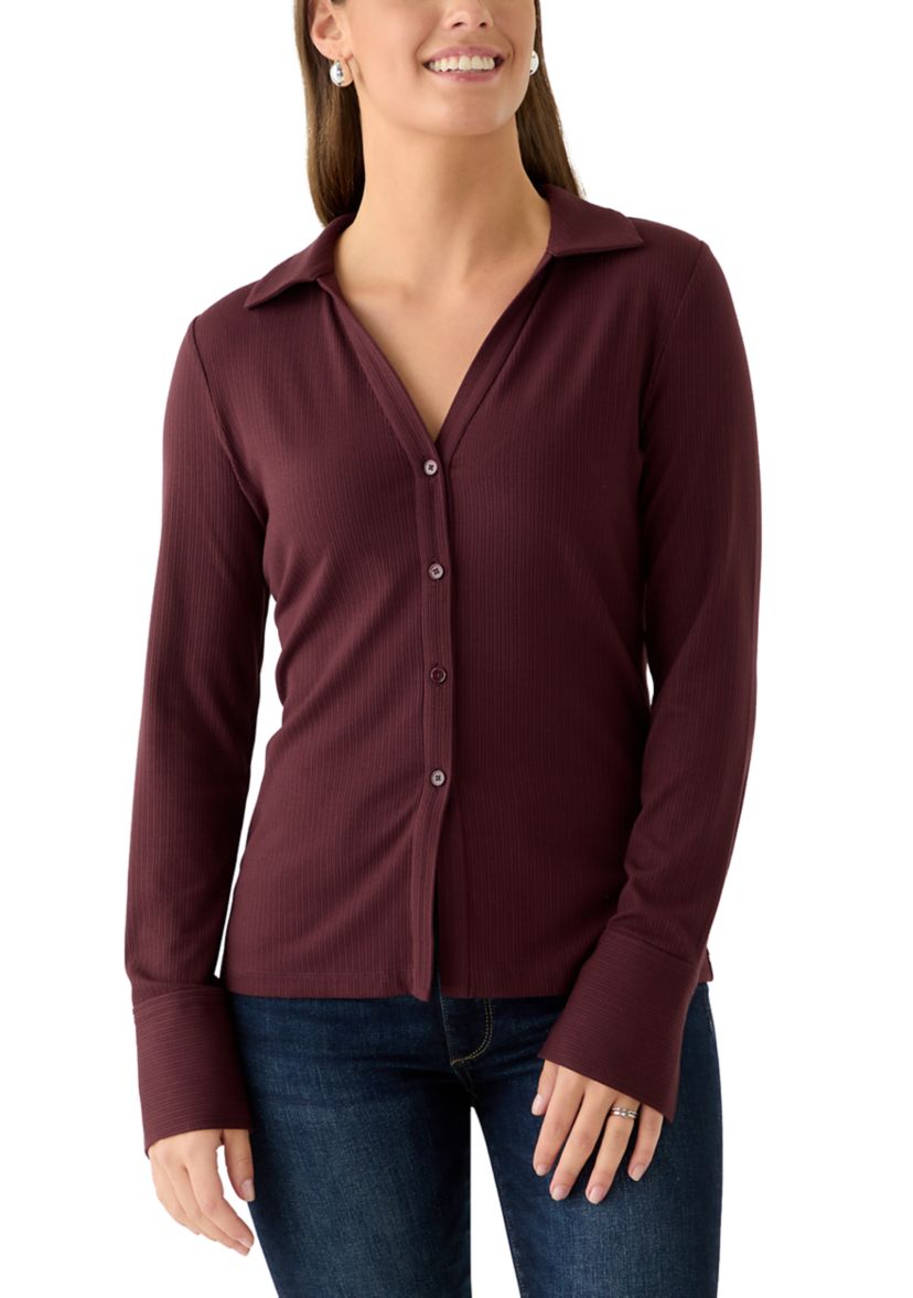 Womens Long Sleeve Collard Split Neck Ribbed Top