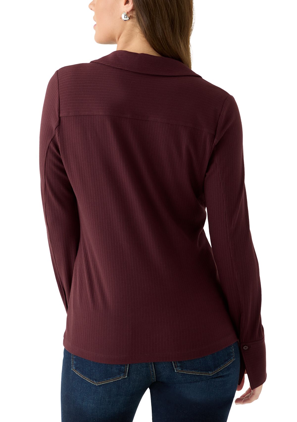 Womens Long Sleeve Collard Split Neck Ribbed Top