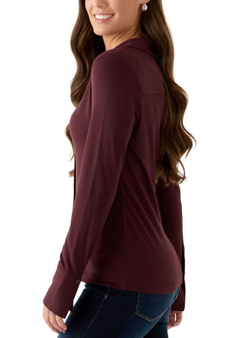Womens Long Sleeve Collard Split Neck Ribbed Top