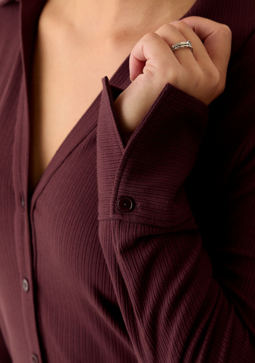 Womens Long Sleeve Collard Split Neck Ribbed Top