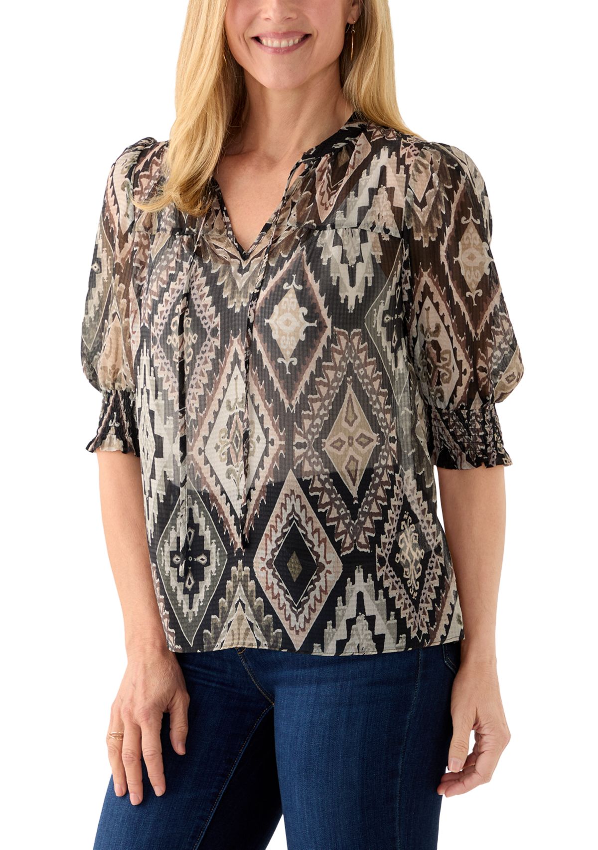 Womens Tie Neck Puff Elbow Sleeve Top