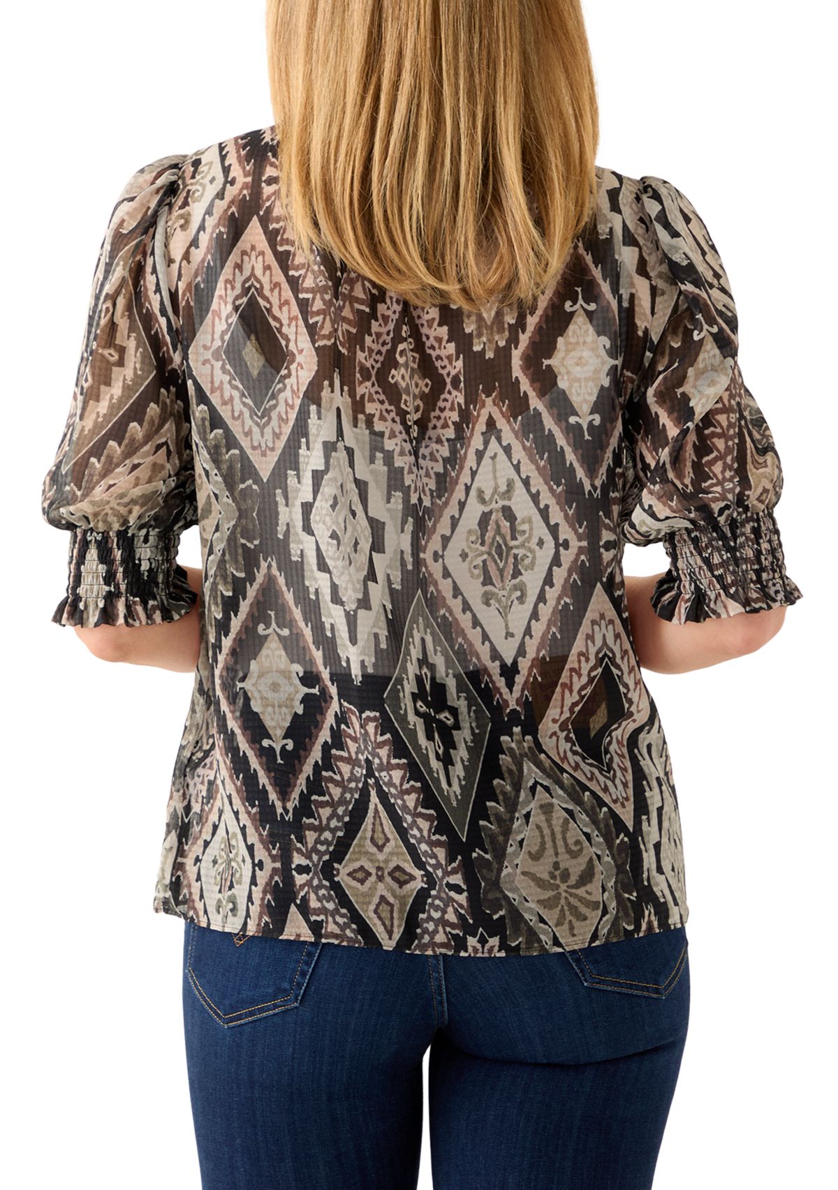 Womens Tie Neck Puff Elbow Sleeve Top